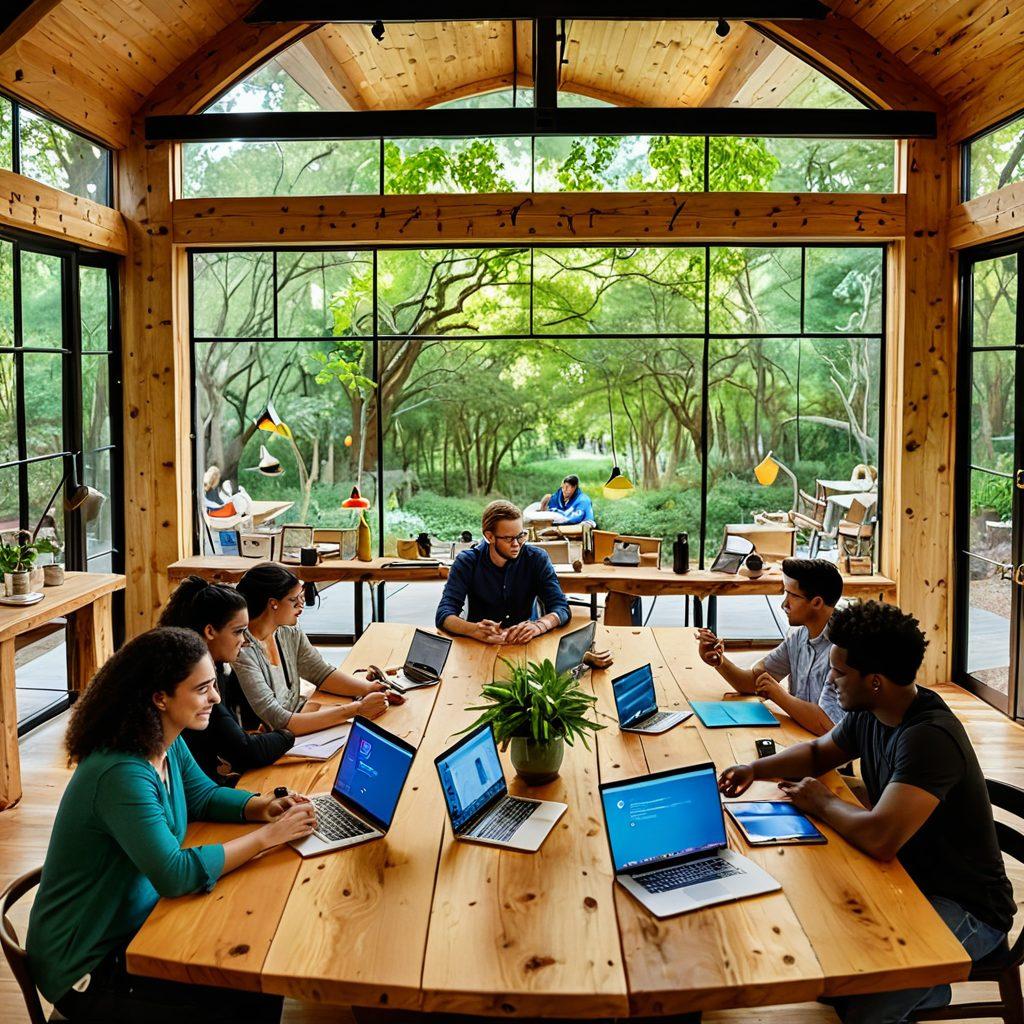 A diverse group of individuals gathered around a large, wooden table, enthusiastically sharing digital devices and collaborating on creative projects that represent their community. In the background, colorful bridges symbolize connection and engagement with nature and technology, while vibrant speech bubbles filled with ideas float above their heads. The setting is bright and inviting, with greenery and light filtering in through large windows. super-realistic. vibrant colors. warm atmosphere.