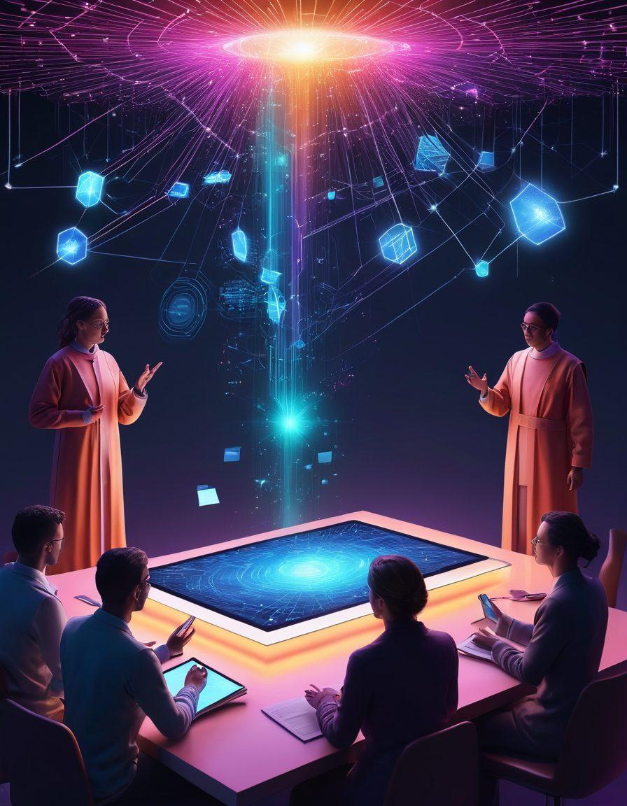 A vibrant digital landscape showcasing diverse individuals exchanging ideas through glowing, interconnected nodes symbolizing information flow. Include elements representing technology, such as futuristic devices, and visual metaphors for empowerment, like raised hands or open books. The background should have a luminous gradient that conveys energy and innovation. super-realistic. vibrant colors. 3D.