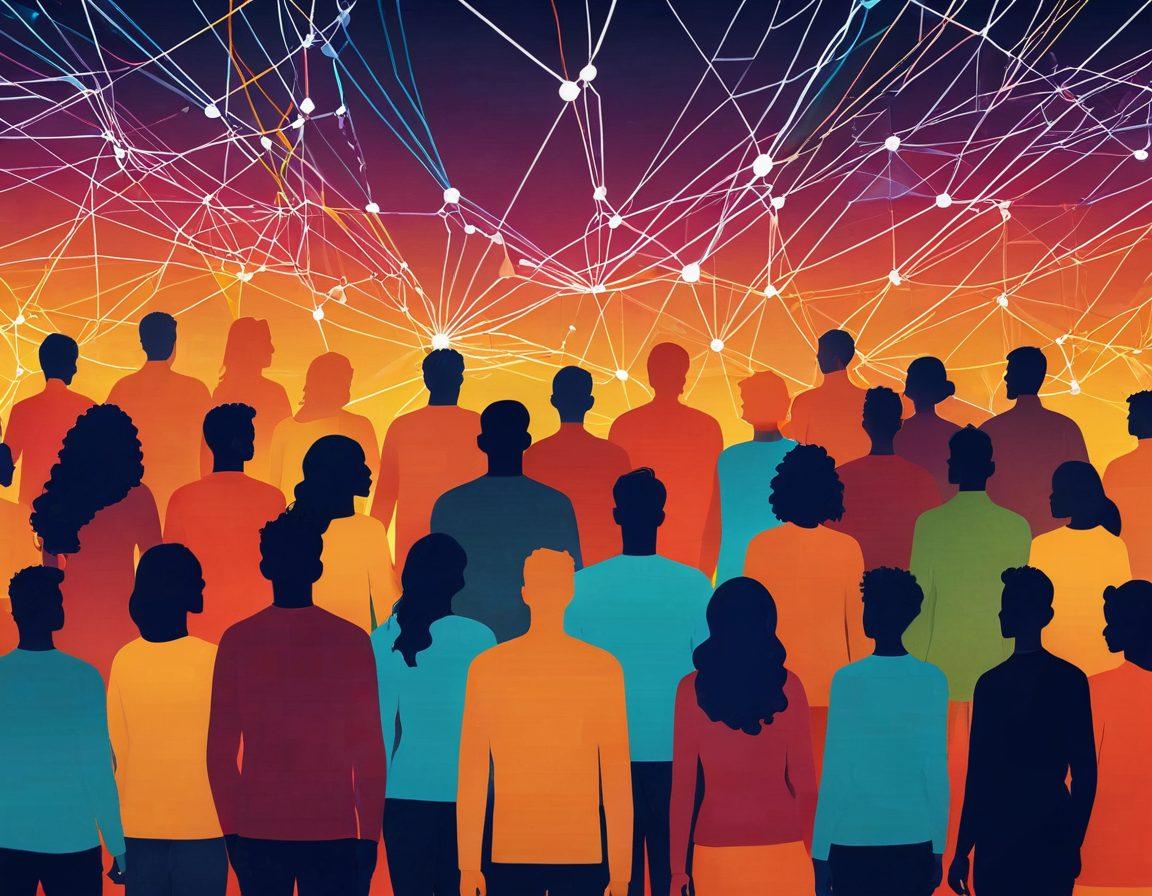 A dynamic illustration showcasing diverse individuals engaging in peer-to-peer sharing, surrounded by digital elements symbolizing community and connectivity. Include a vibrant, flowing network of blogs and social media posts weaving through the scene, connected by bright, glowing lines. Feature an expressive atmosphere with warm colors to convey collaboration and innovation. super-realistic. vibrant colors. 3D.